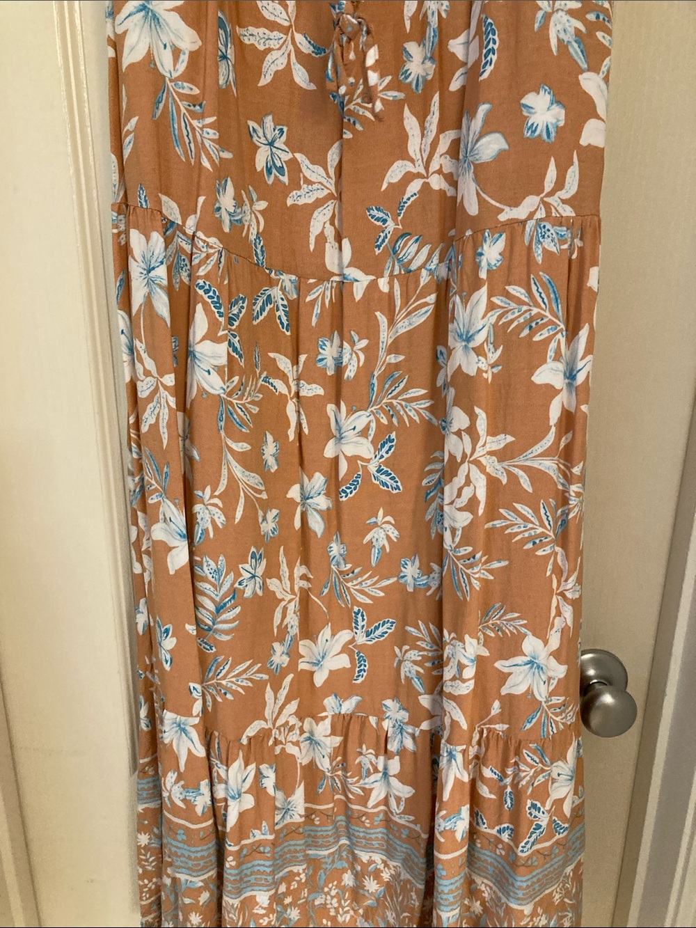 Boho Floral Maxi Skirt in Camel with White & Light Blue Print - Picture 7 of 14